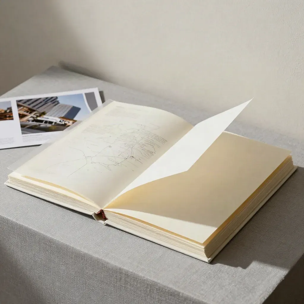 Ivory condo market folio open on ash-grey linen with layered pages and a blurred report card.