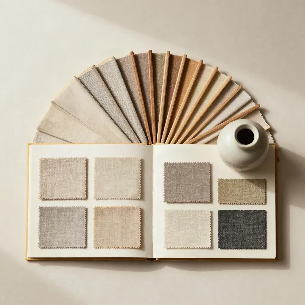 Cream portfolio with swatches, wood chips and a ceramic vessel on pale plaster, overhead.