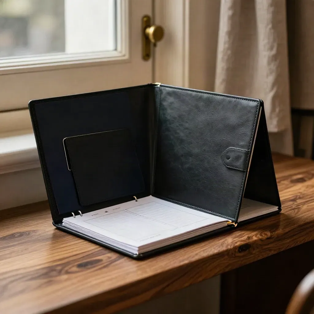 Black buyer-tour folio on walnut bench in soft daylight, with navy card and warm room haze.