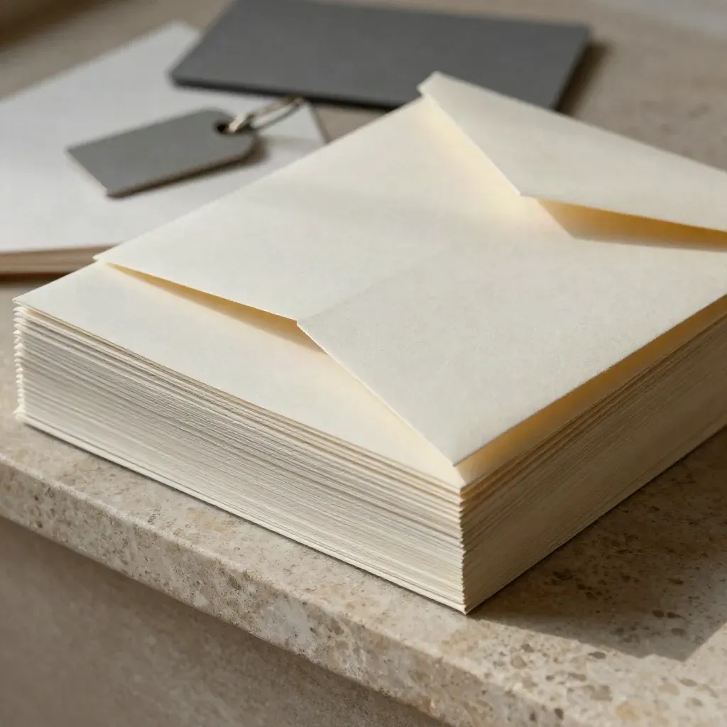 Lease prep stack with forms, key tag and envelope on stone, lit in a tight macro
