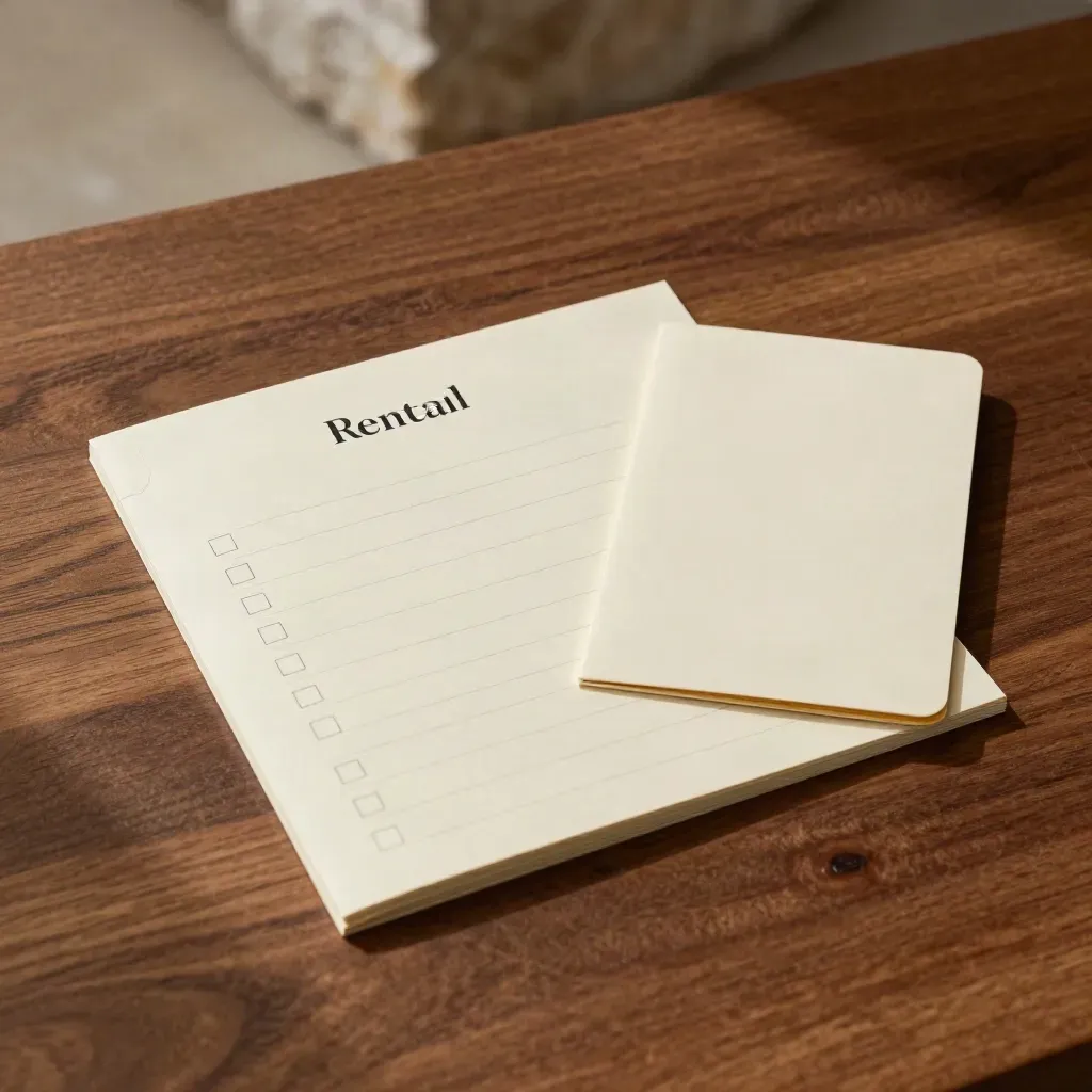 Overhead checklist booklet with tabs, inserts, and sleeve on a warm walnut surface.