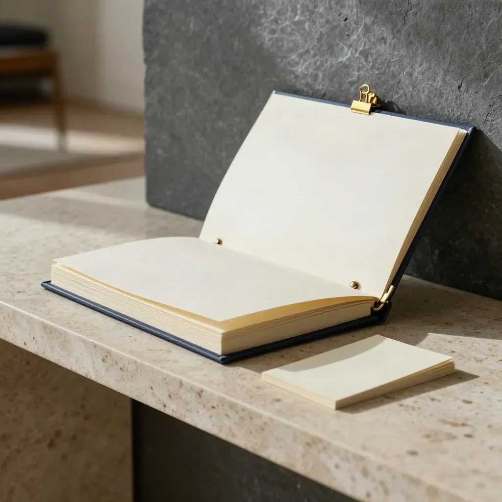 Ivory open-house folio with cue cards on travertine, brass clip, and navy insert in soft daylight.