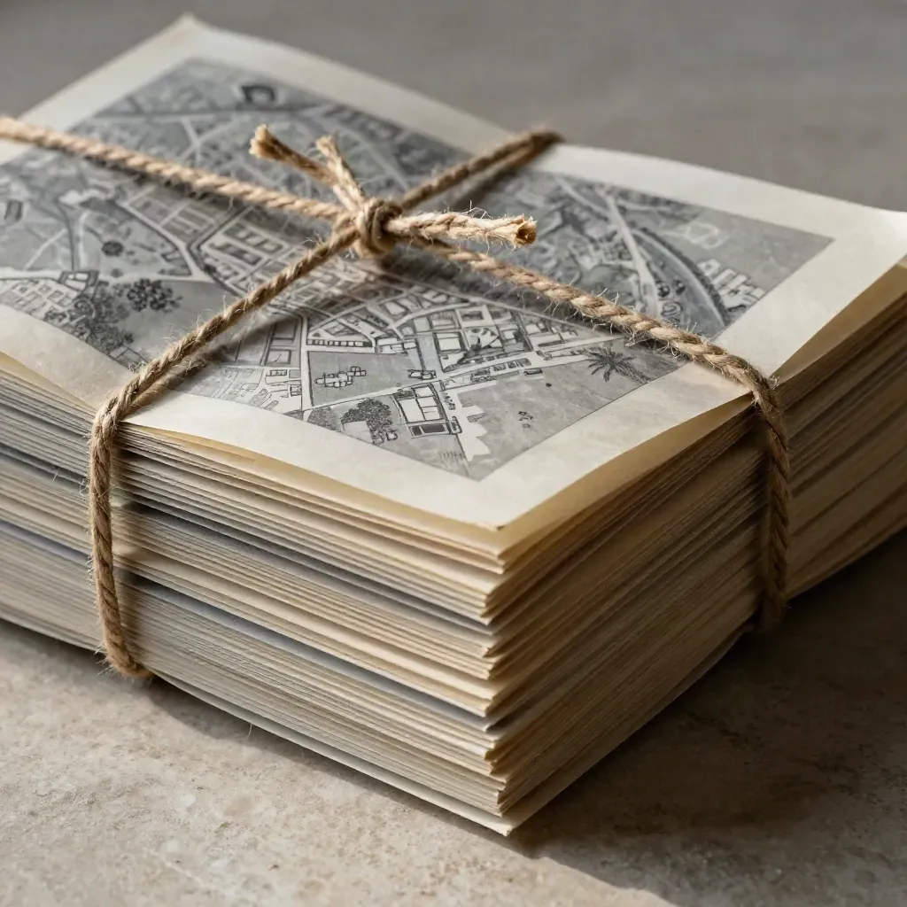 Macro stack of vellum-wrapped neighborhood-map folios tied with twine on pale stone.