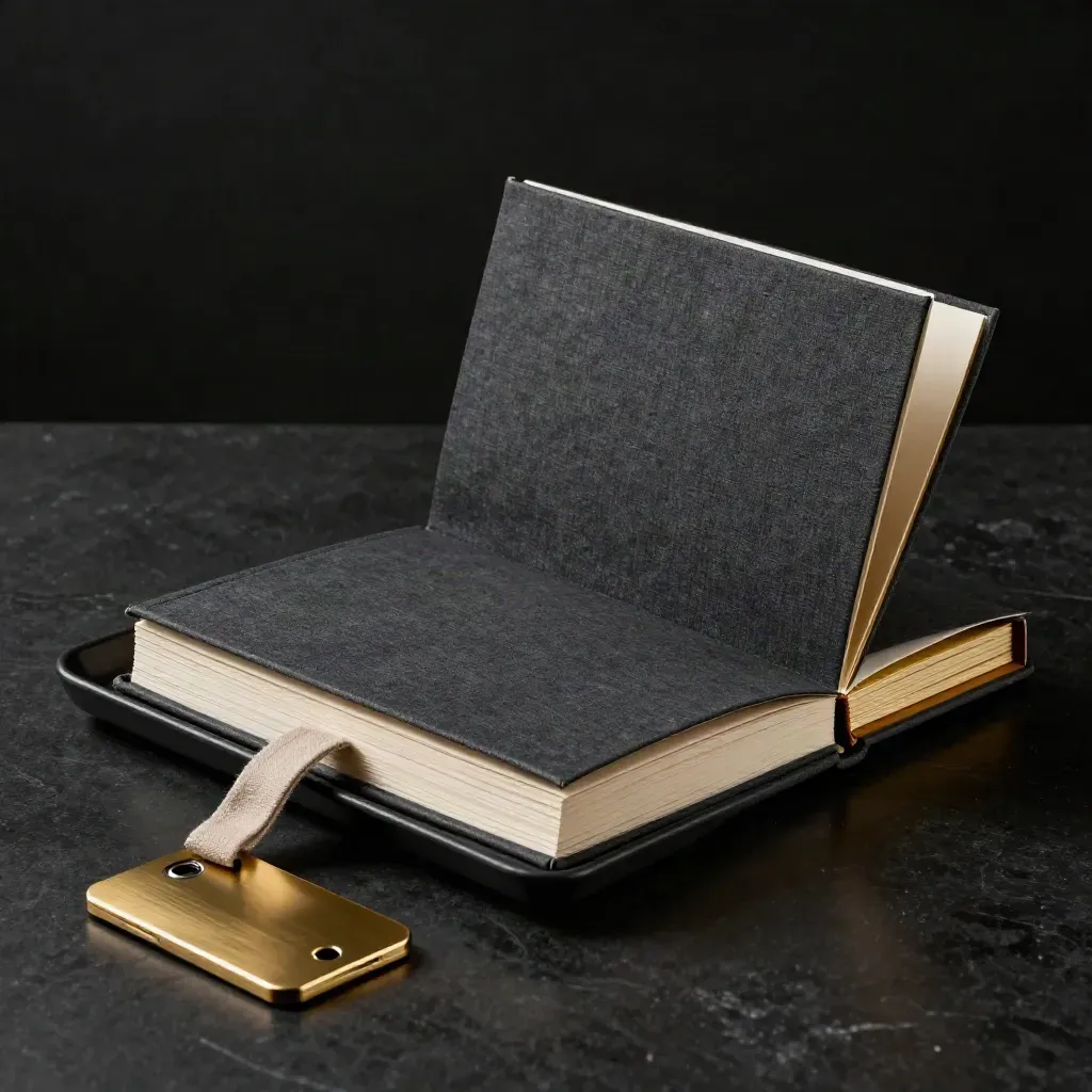 Tenant-welcome guide lifting from a matte tray with brass sleeve and linen pull tab.