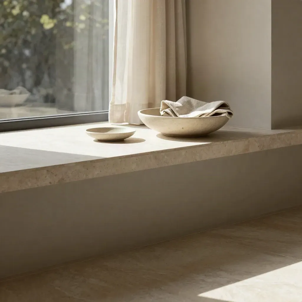 Sunlit limestone apartment interior with marble sill, sheer curtains and a bowl, calm copy space below.
